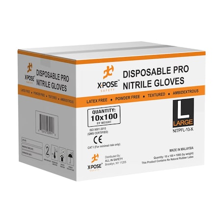Xpose Safety Disposable Gloves, 5 mil Palm, Nitrile, Powder-Free, L, 10 PK, Blue NITPFL-10